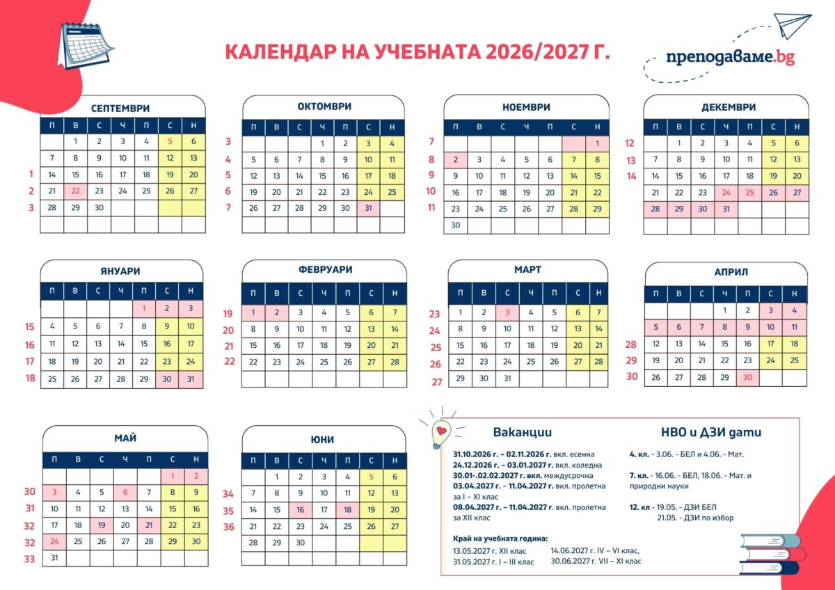 Календар с вакан 2026-2027 НВО ДЗИ