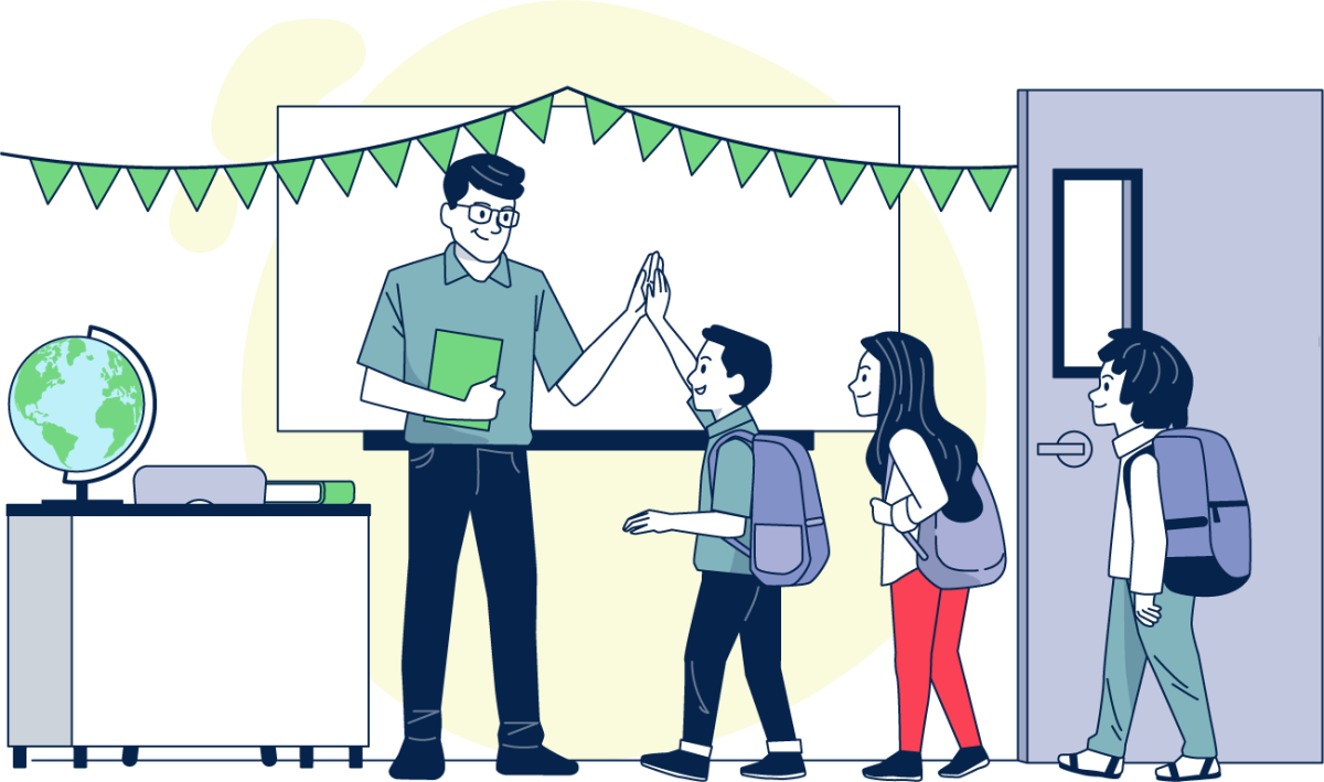 Group of young students high five teacher in classroom smiling