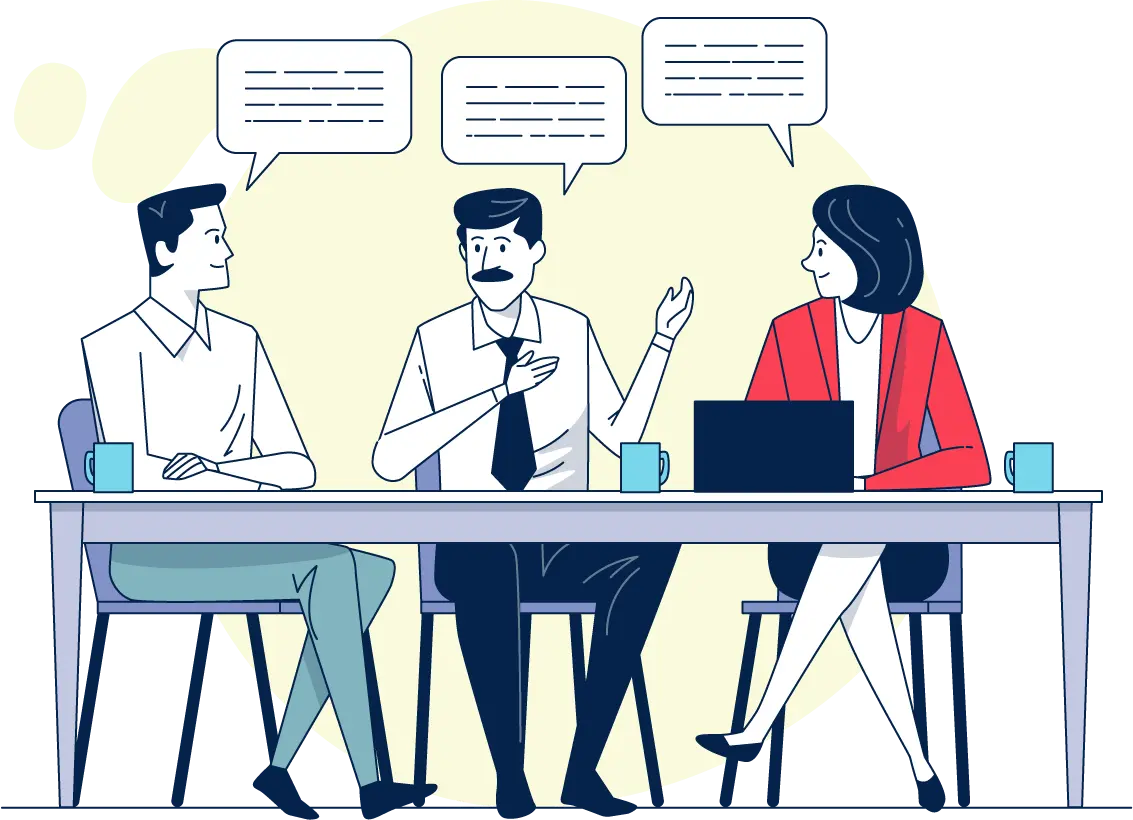 Team of teachers working discussing lessons sitting on desk