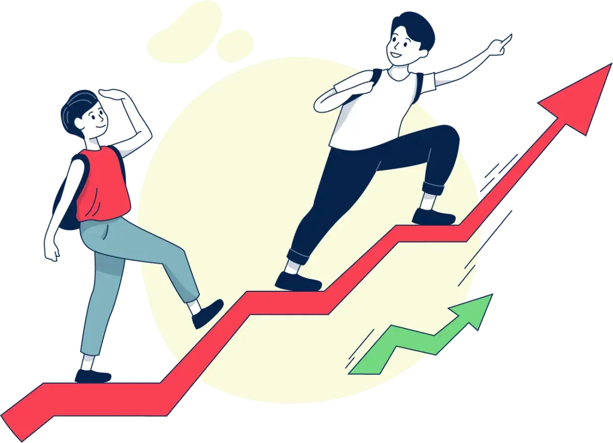 Two students walking on arrows towards success abstract