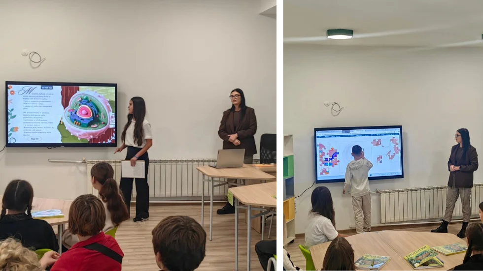 Ученици решават задачи и представят презентация в час по биология