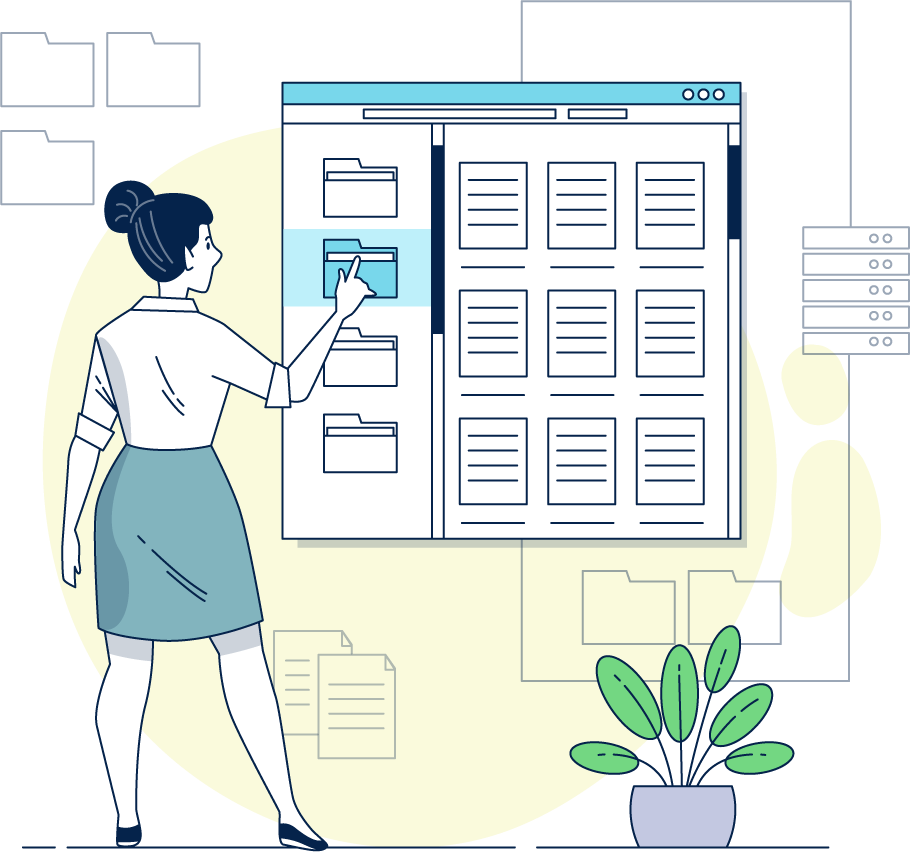 Woman working with computer files and folders organizing abstract