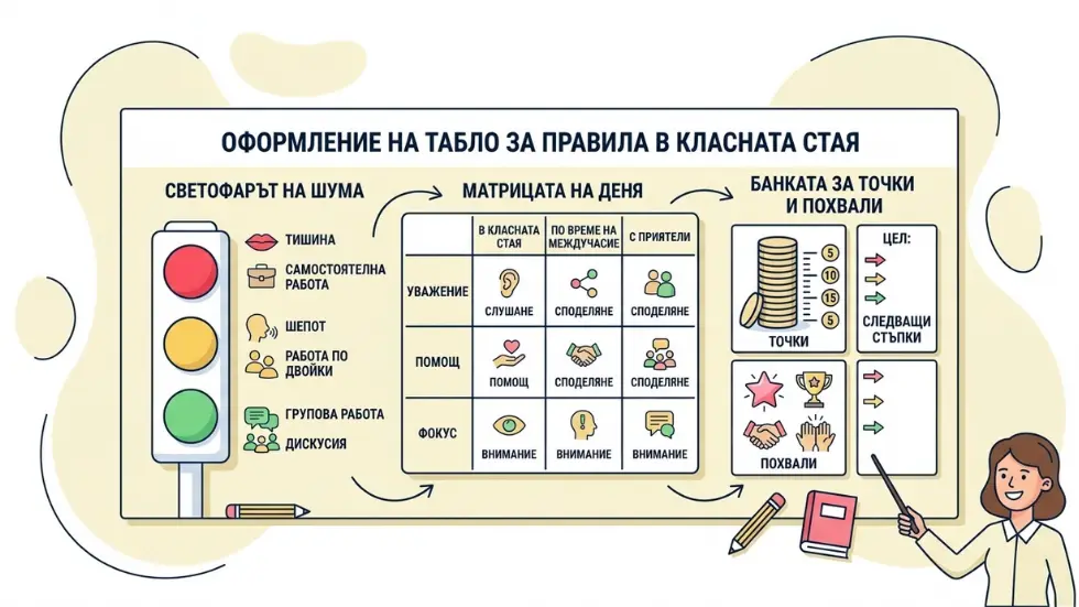 Деца си говорят в час, създават шум, а учителят търси начини как с помощта на изкуствен интелект да намали шума и да пренасочи вниманието. AI инструменти.