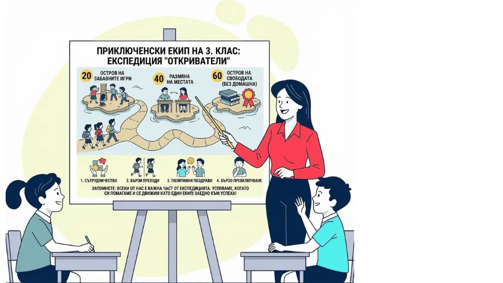 Деца си говорят в час, създават шум, а учителят търси начини как с помощта на изкуствен интелект да намали шума и да пренасочи вниманието. AI инструменти.
