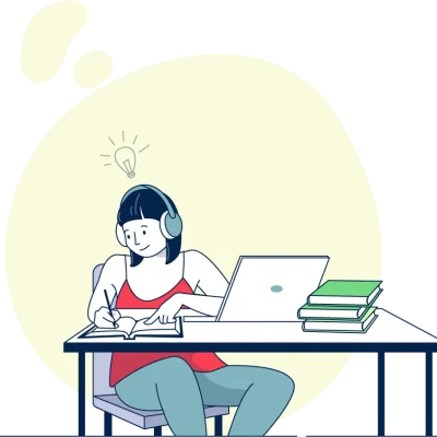 Student writing and learning online sitting on desk from home